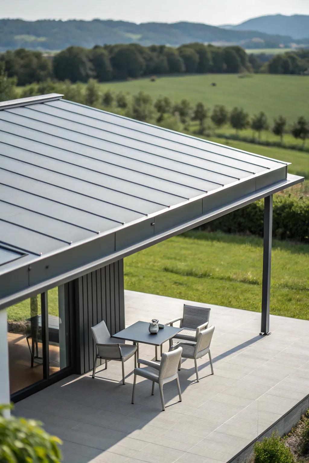 A sleek flat metal roof adds a modern touch to this minimalist patio design.