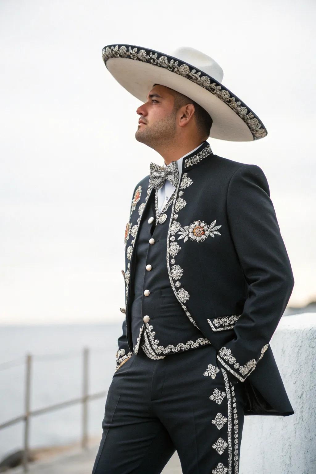 The groom looking dashing in traditional charro attire with intricate embroidery.