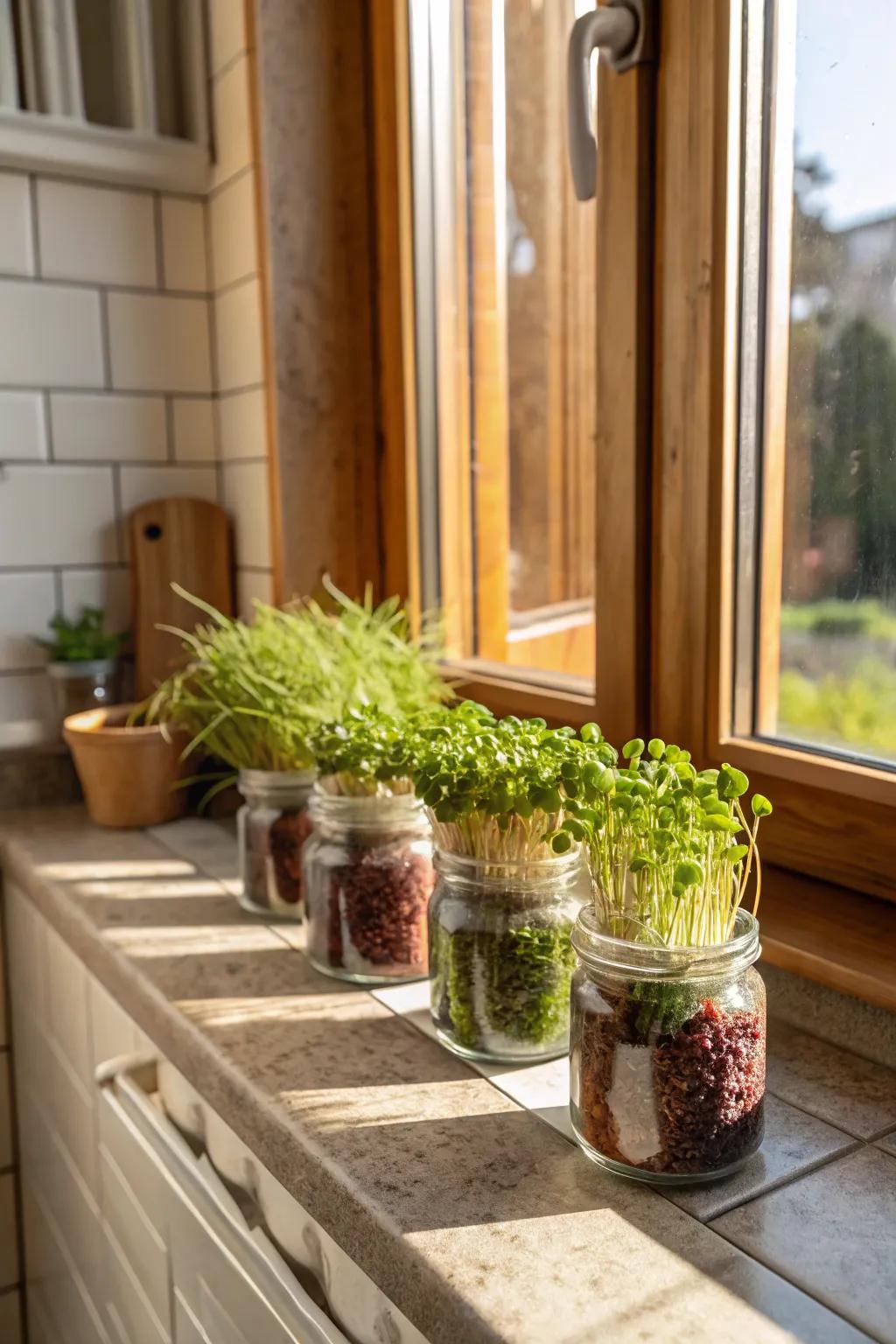 Repurpose glass jars for a charming microgreen display.