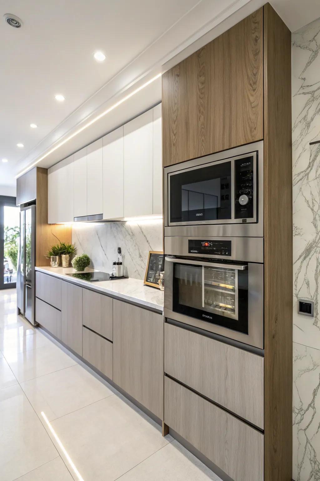 A microwave seamlessly integrated into the kitchen cabinetry.