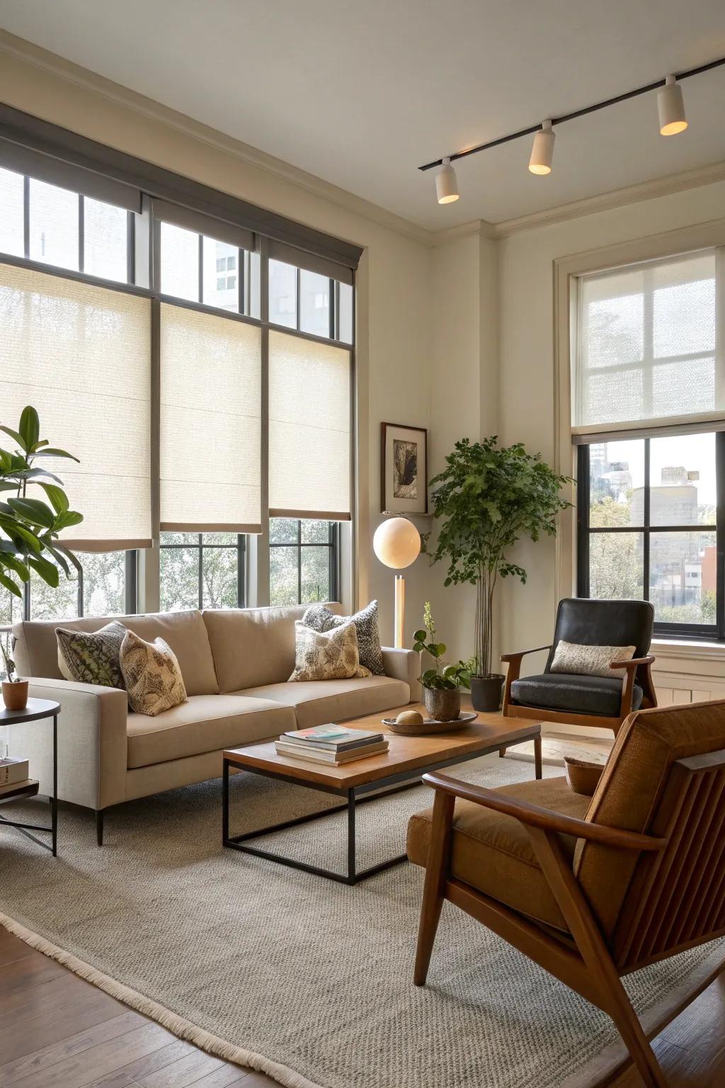 Neutral roller shades seamlessly blend with mid-century modern interiors.