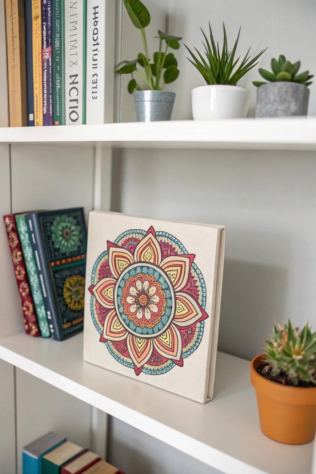 Mini mandala art adding a touch of whimsy to my bookshelf.