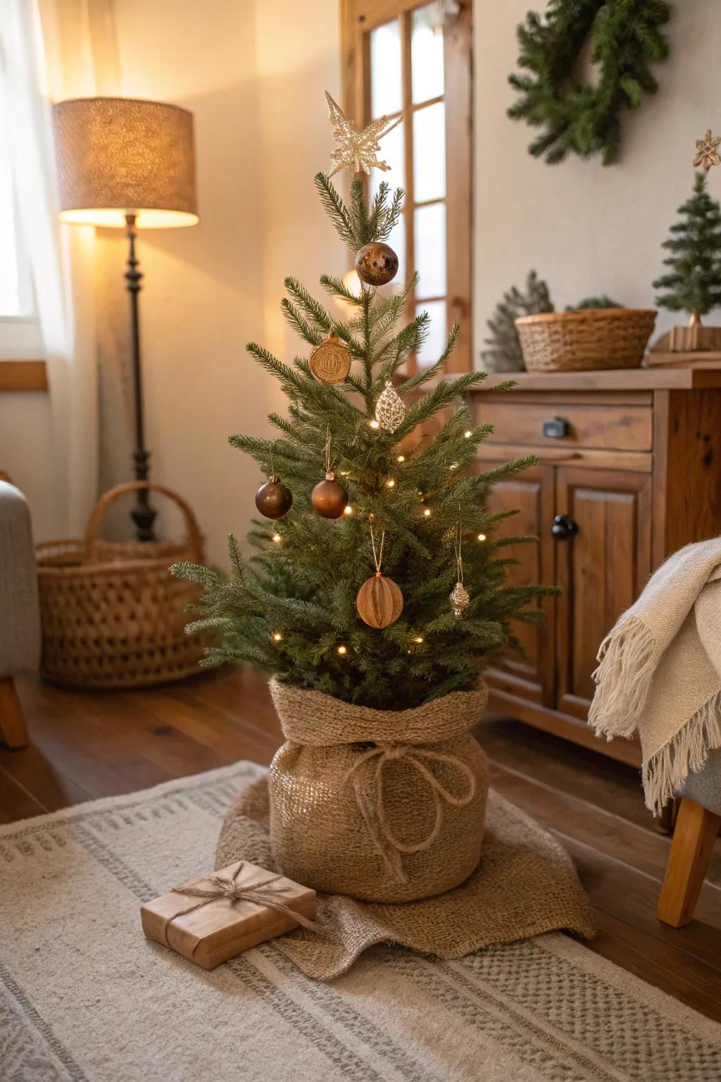 A rustic mini Christmas tree with burlap and wooden ornaments.