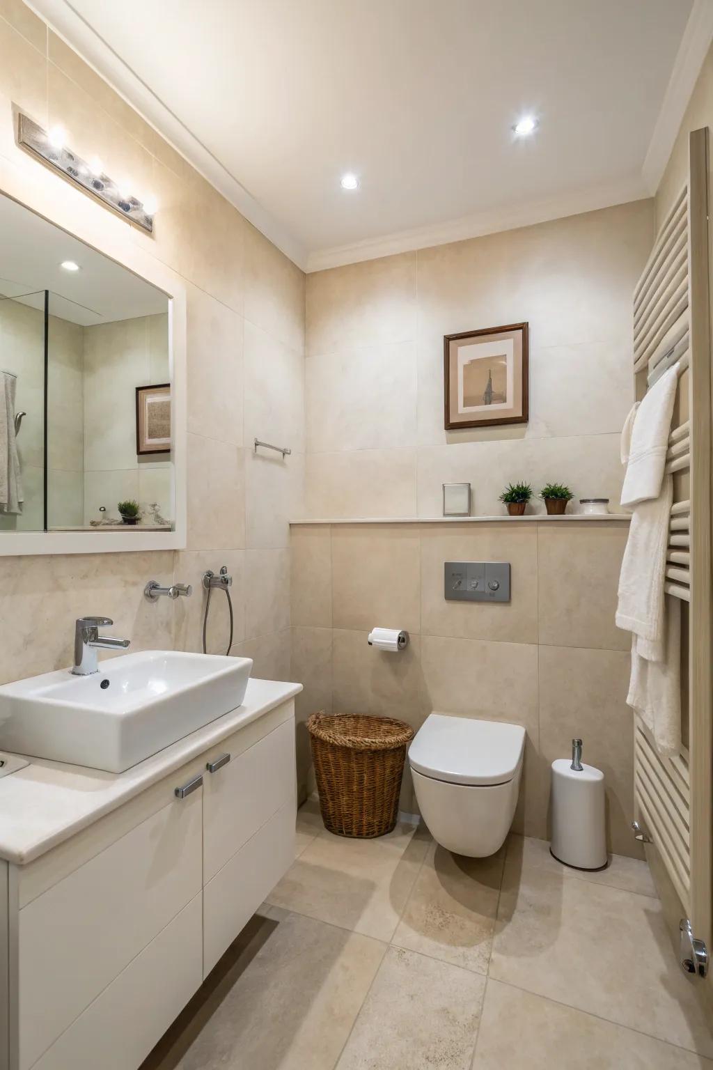 A minimalist bathroom with a calming neutral color scheme.