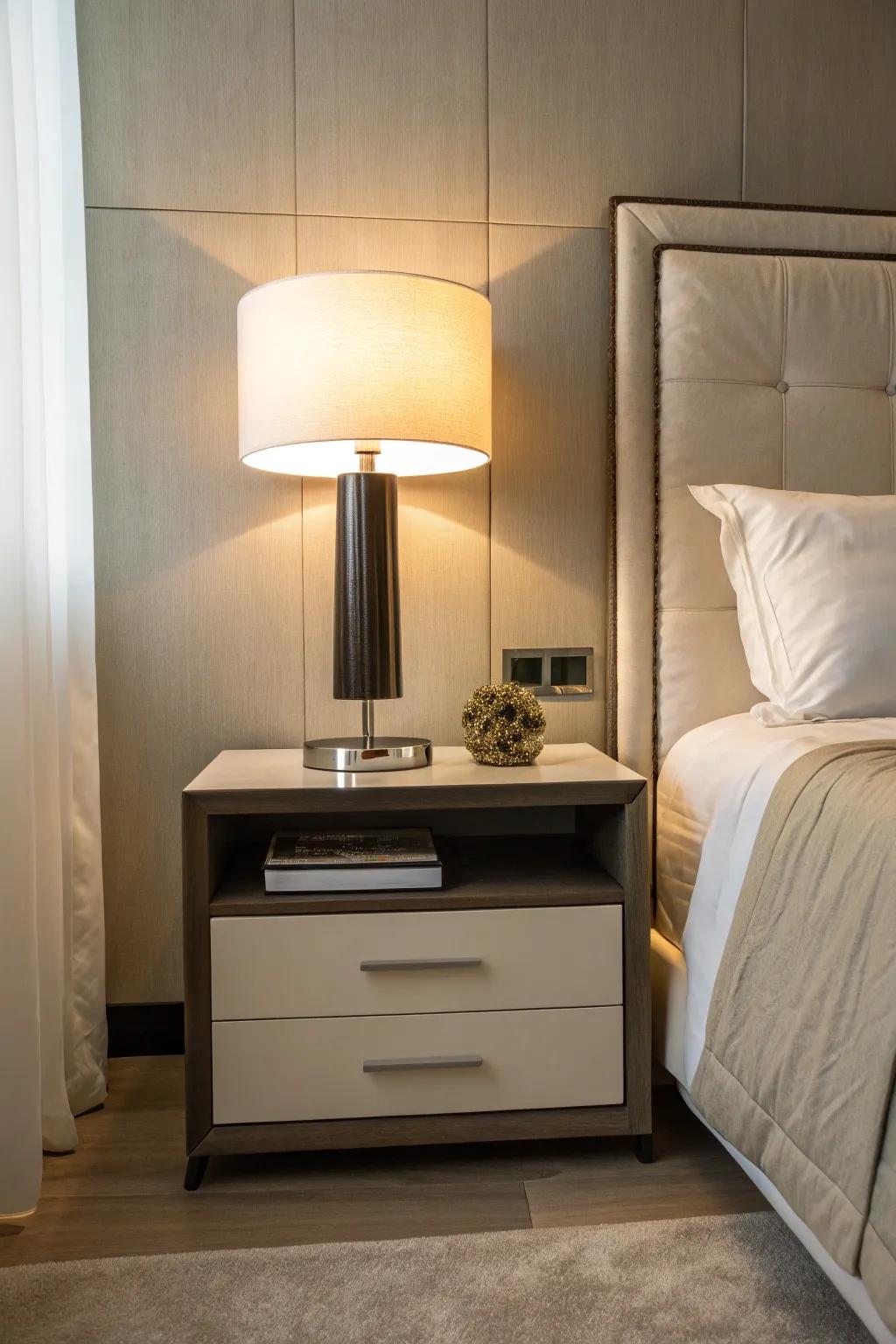 A minimalist lamp brings both light and style to your nightstand.