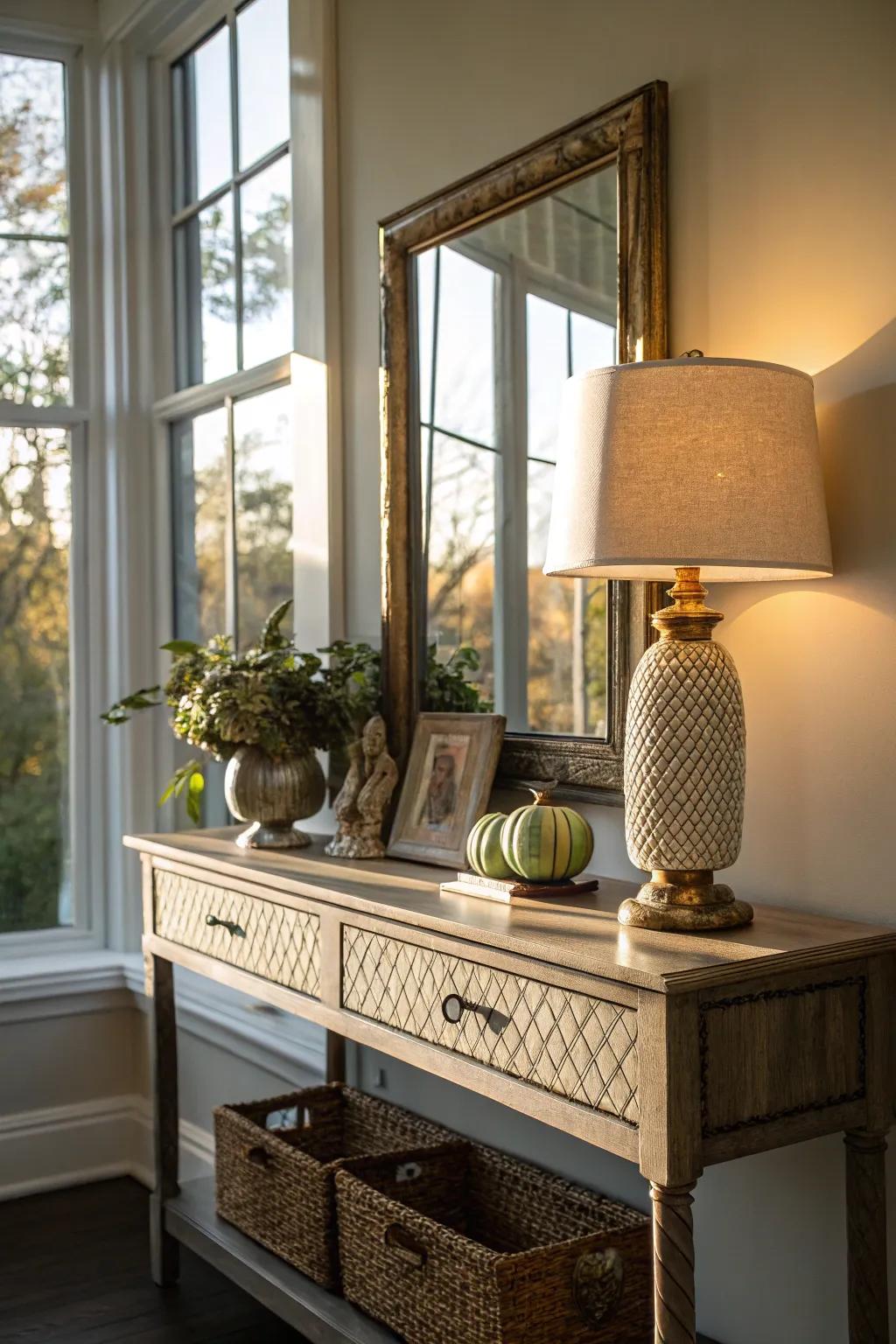 Brighten your entryway with a mirror reflecting natural light.