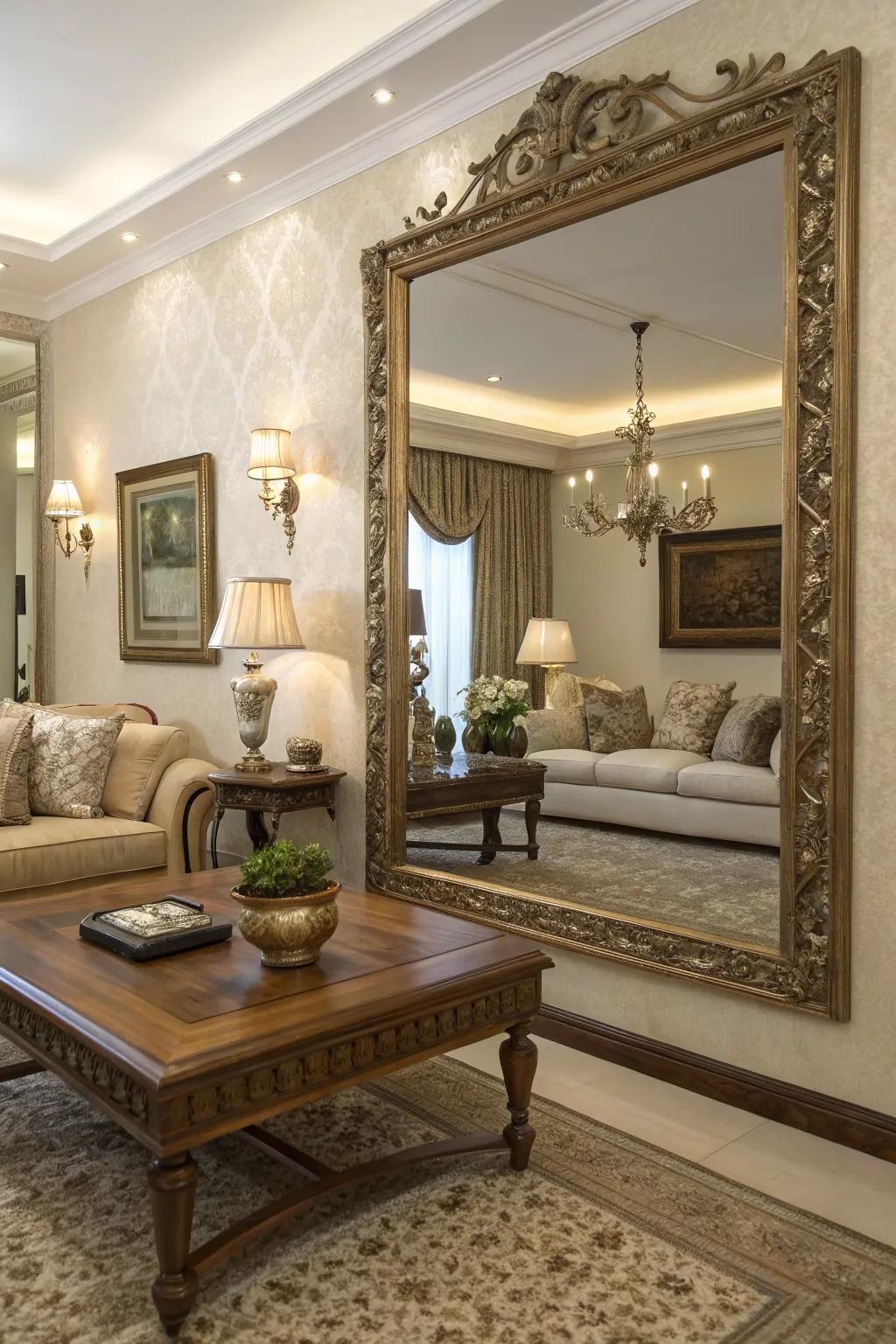 Large wall mirrors add drama and sophistication.