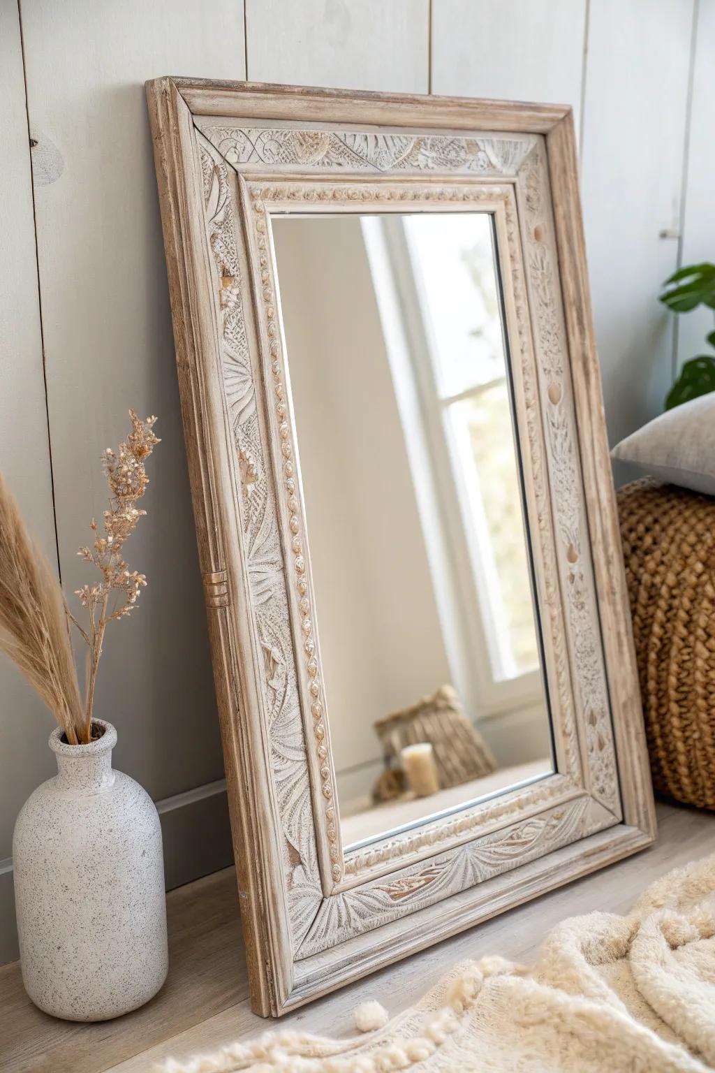 Transform your space with a touch of artistry: a vintage wood frame brings minimalist elegance to your mirror.