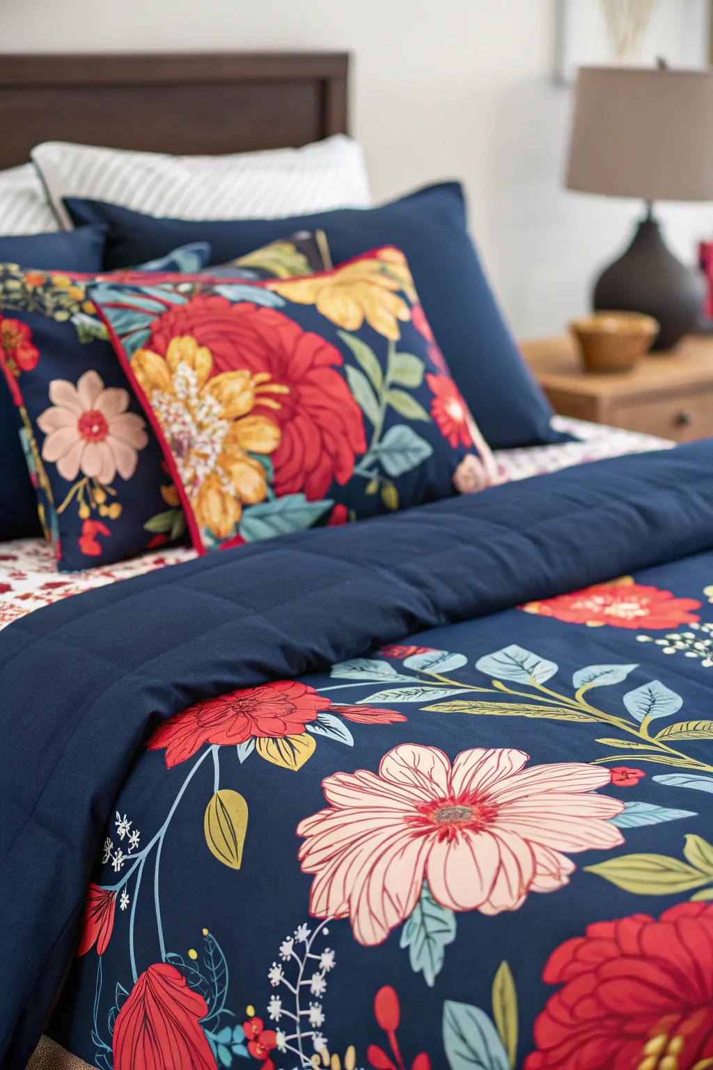 A dynamic mix of bold patterns and colors for a statement-making bed.