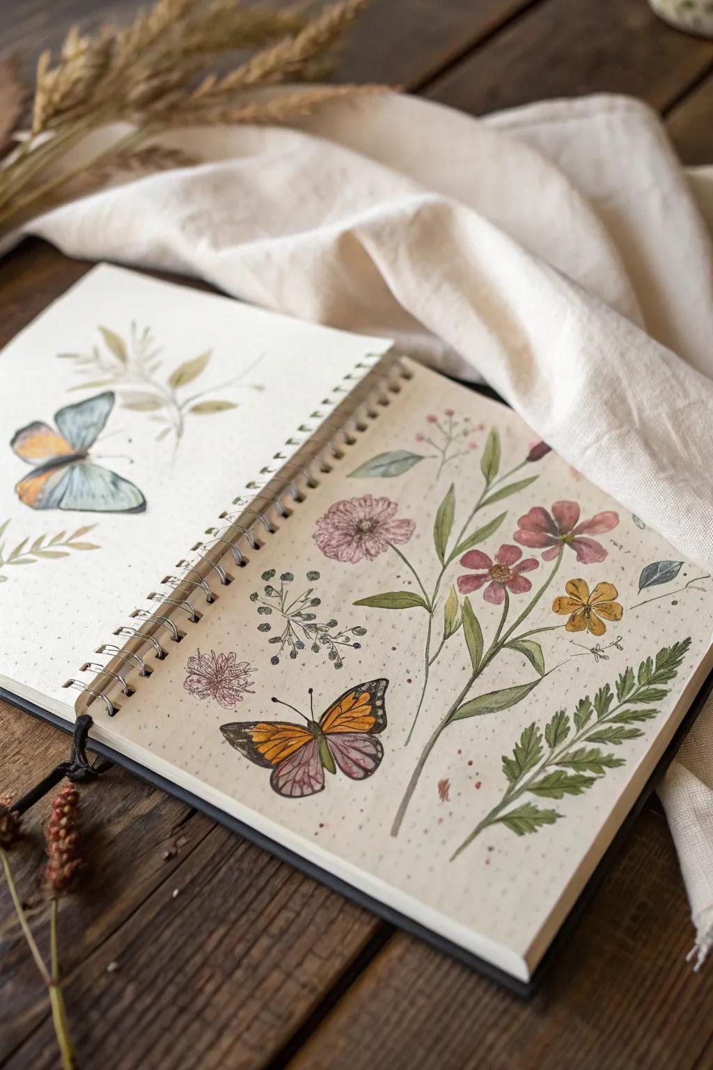 Embrace Nature's Whimsy: A blend of watercolor butterflies and pressed flowers brings your sketchbook to life.