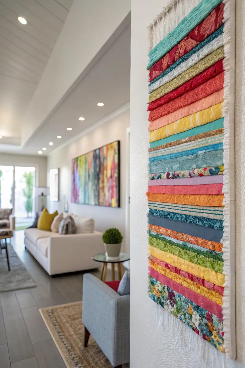 Layered fabric and paint create a vibrant and textured wall masterpiece.