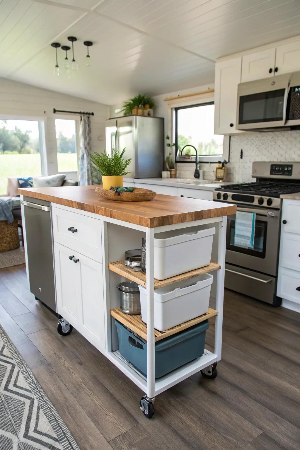 A compact movable island adds versatility to a mobile home kitchen.