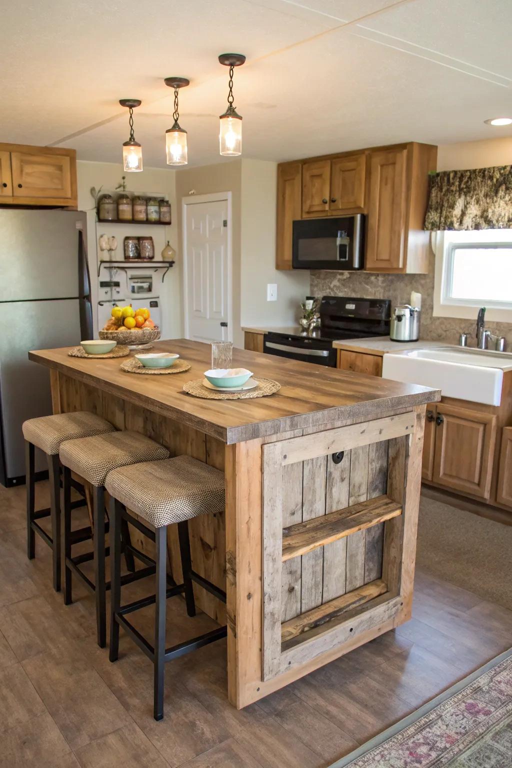 A mobile home kitchen featuring a stylish and functional kitchen island.