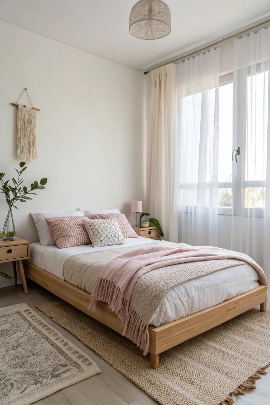 A minimalist bedroom with a focus on simplicity and tranquility.