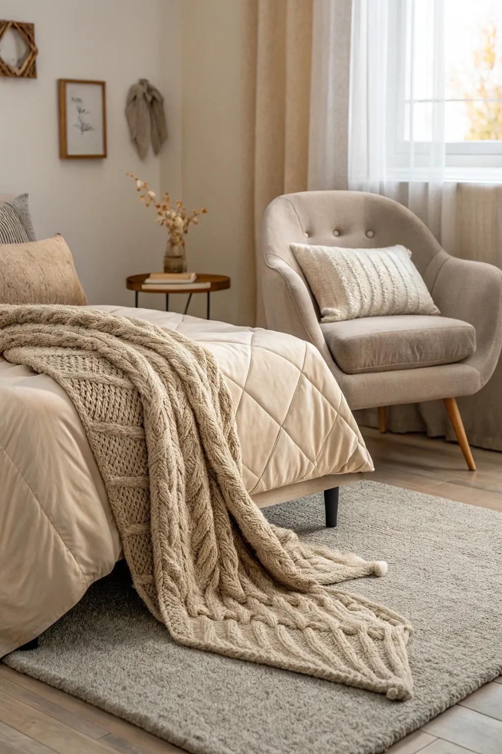 Layered textures bring warmth and depth to a beige bedroom.