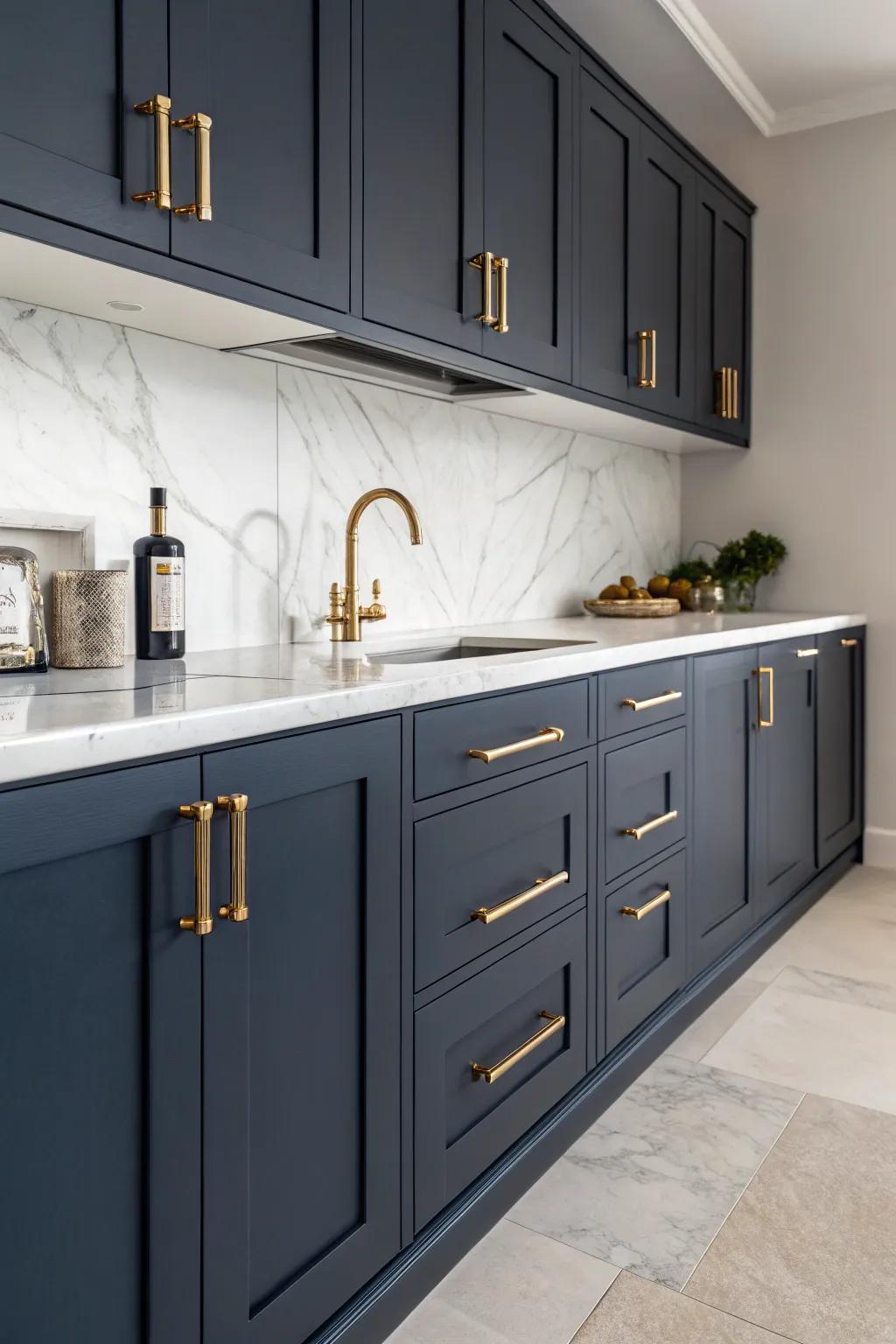 Navy blue cabinets with brass handles add timeless elegance to any kitchen.