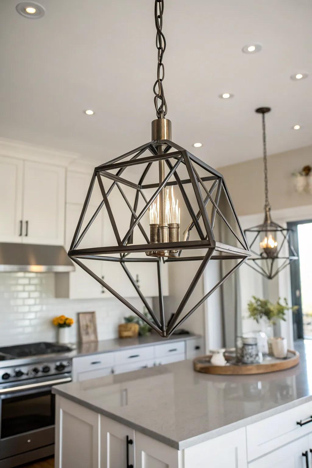 A geometric metal chandelier transforms a modern kitchen.