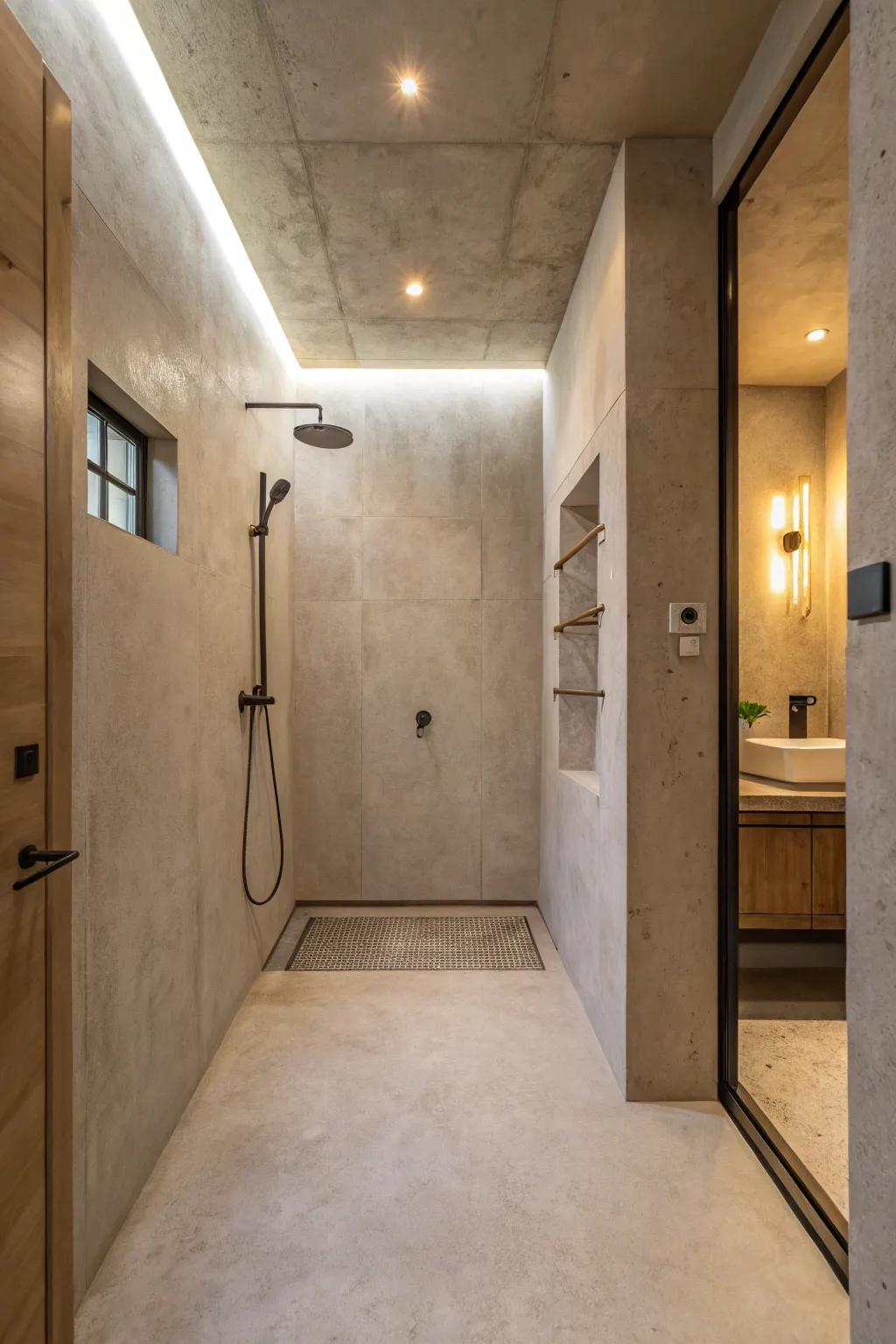 A minimalist bathroom featuring a spacious walk-in concrete shower.