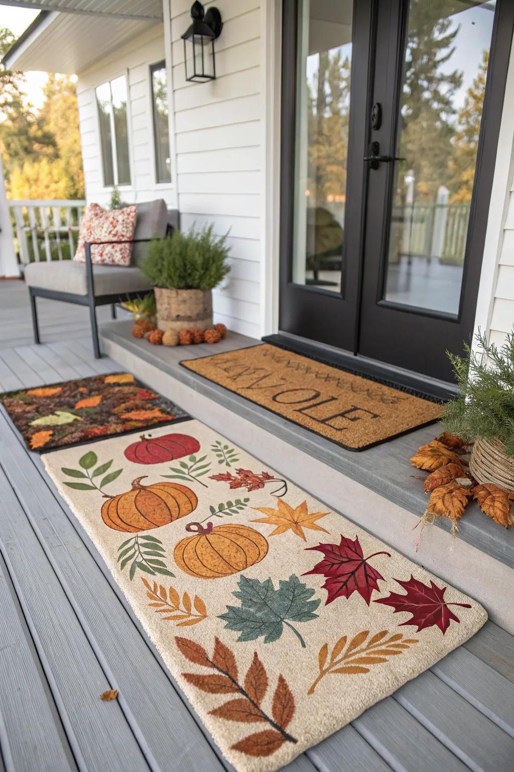 Layered welcome mats add warmth and texture to a fall porch.