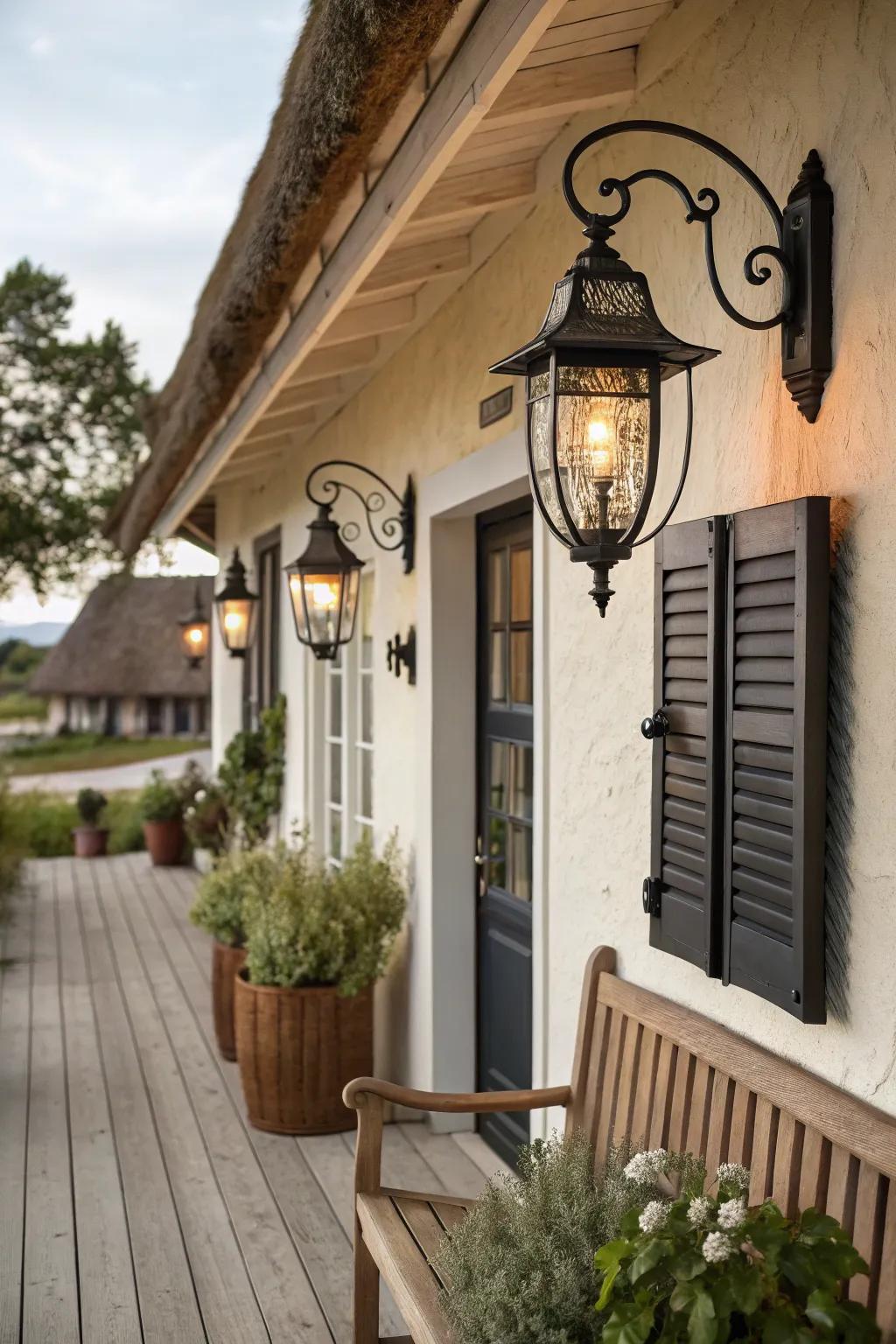 Classic wall sconces add a warm, welcoming glow to the farmhouse porch.