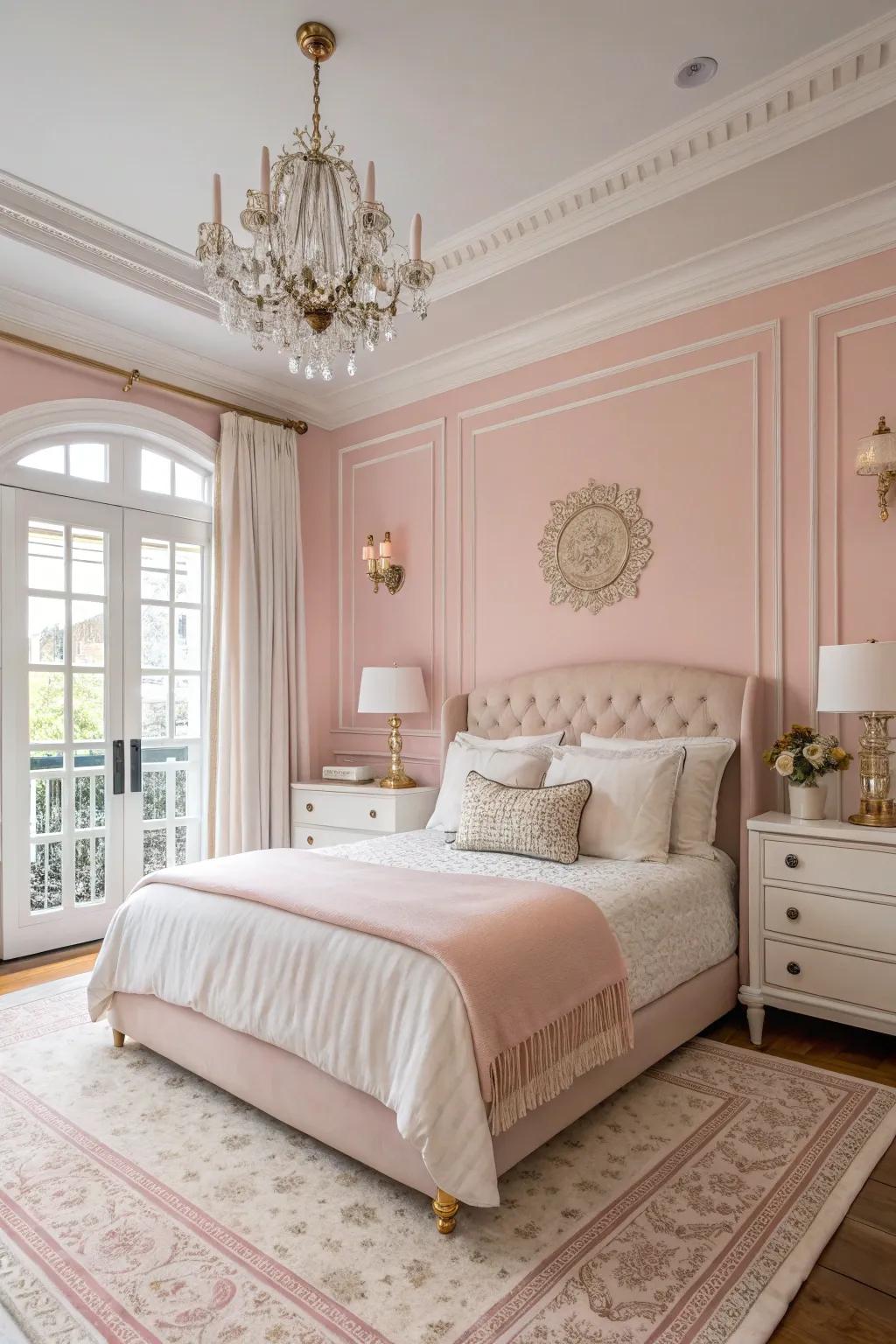 A bedroom with a blush pink palette, creating a calming atmosphere.