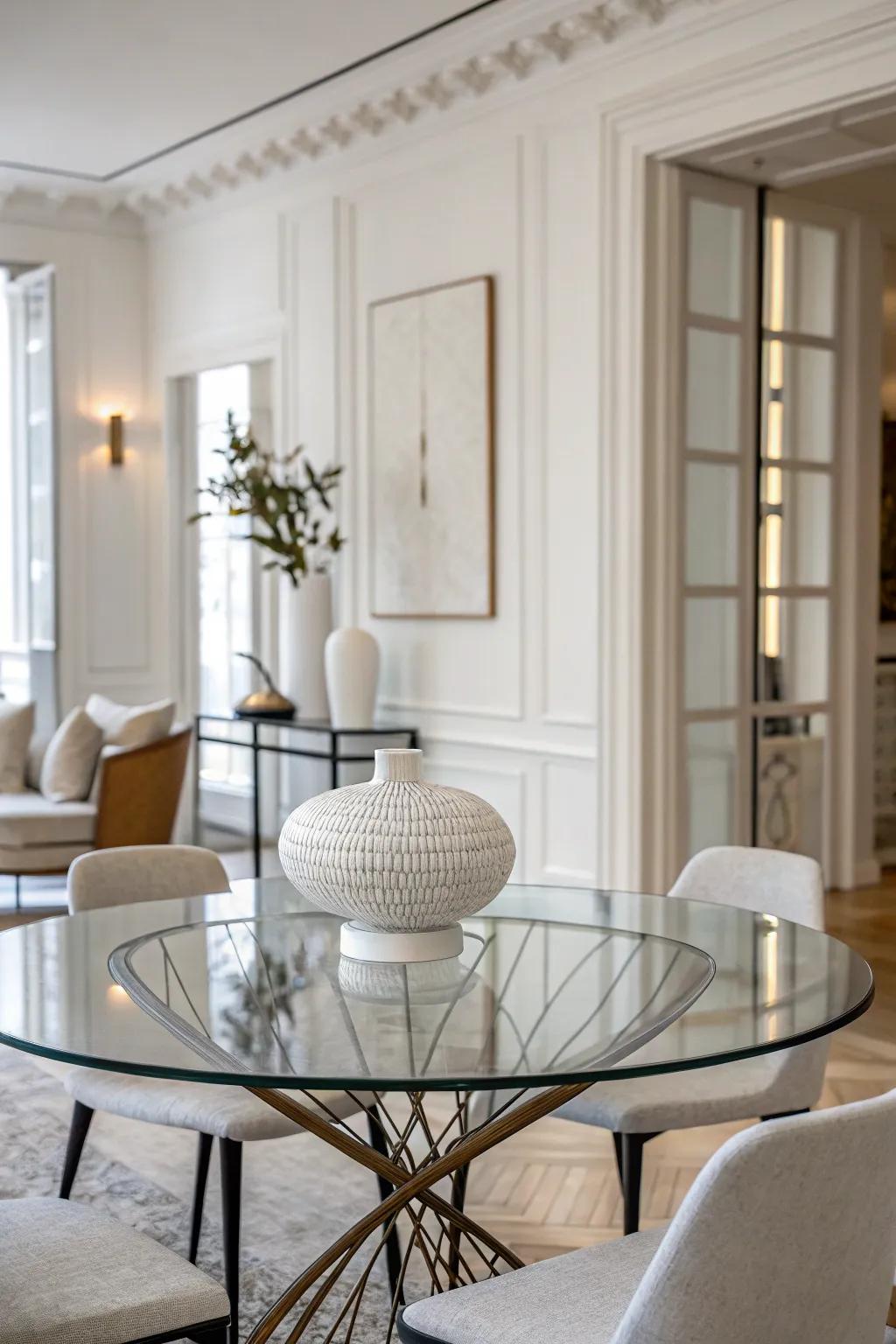 A minimalist approach with a striking sculpture as the centerpiece on a glass dining table.