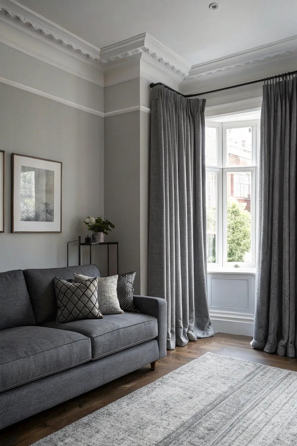 A monochromatic living room with layered grays for a sophisticated look.