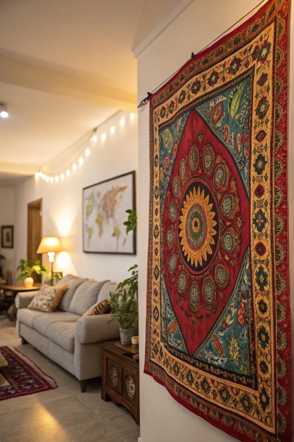 A vibrant tapestry brings color and personality to the living room.