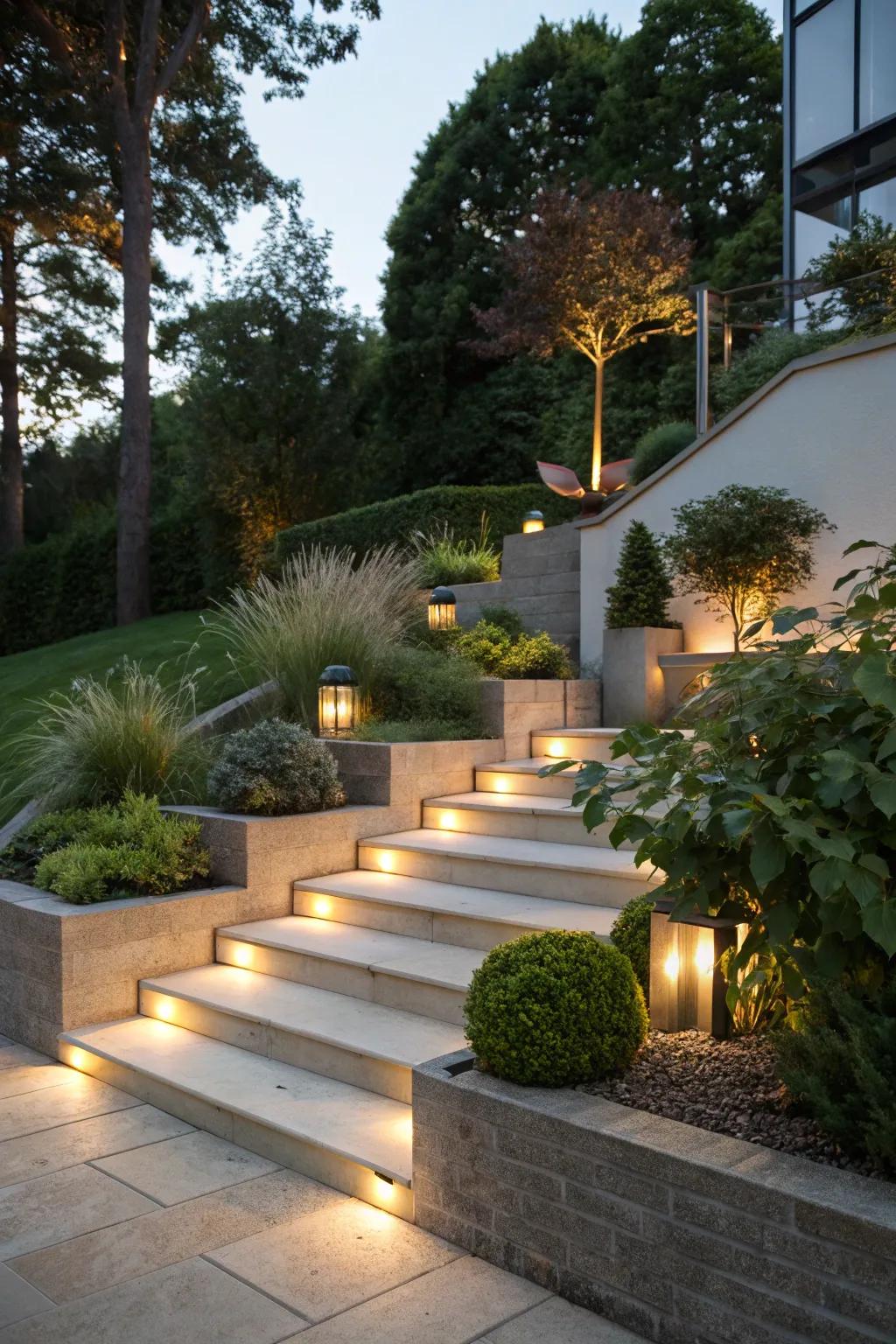 Recessed step lights offering a sleek and subtle lighting solution for outdoor steps.