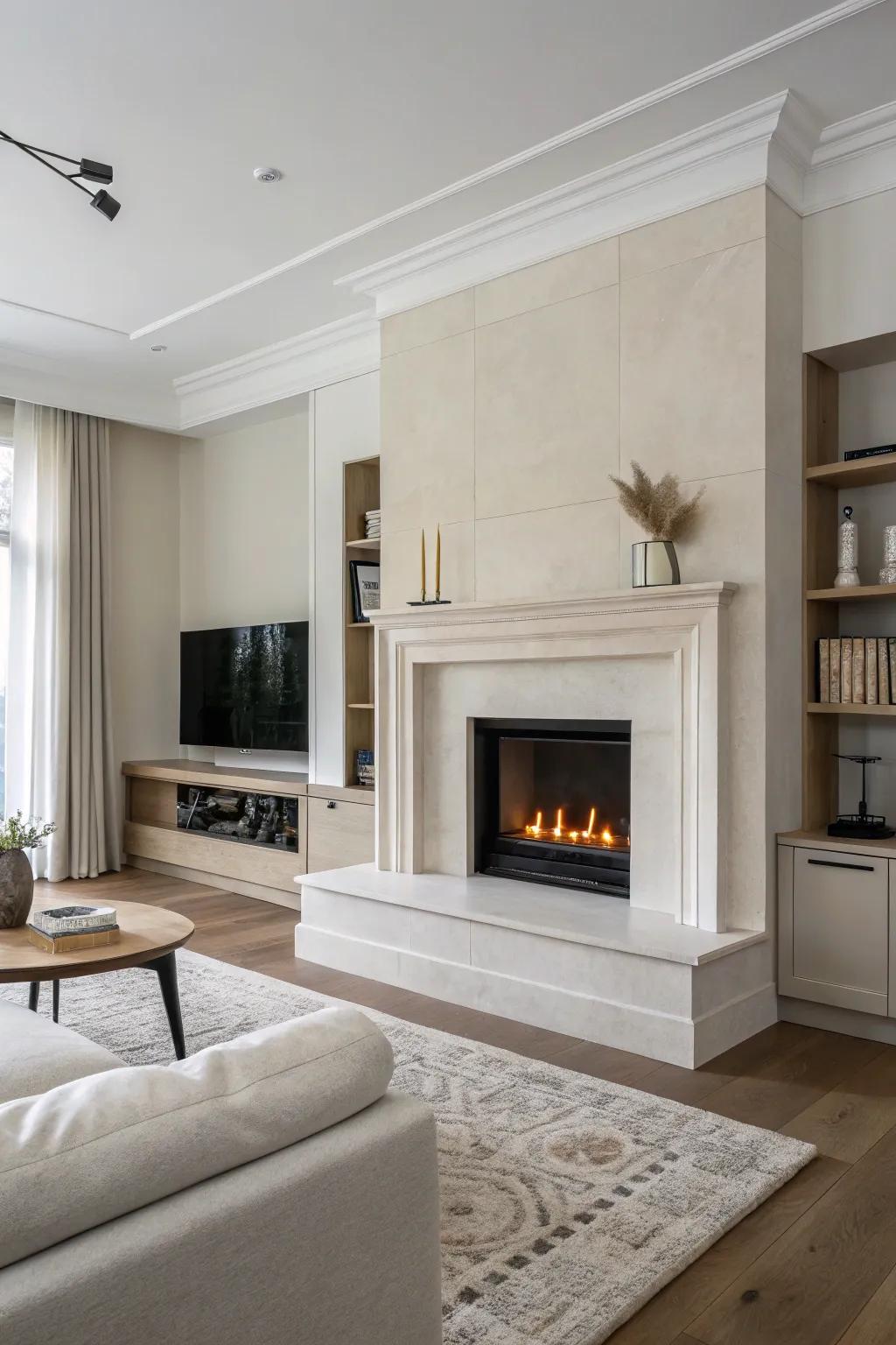 A minimalist plaster fireplace can create a tranquil focal point.