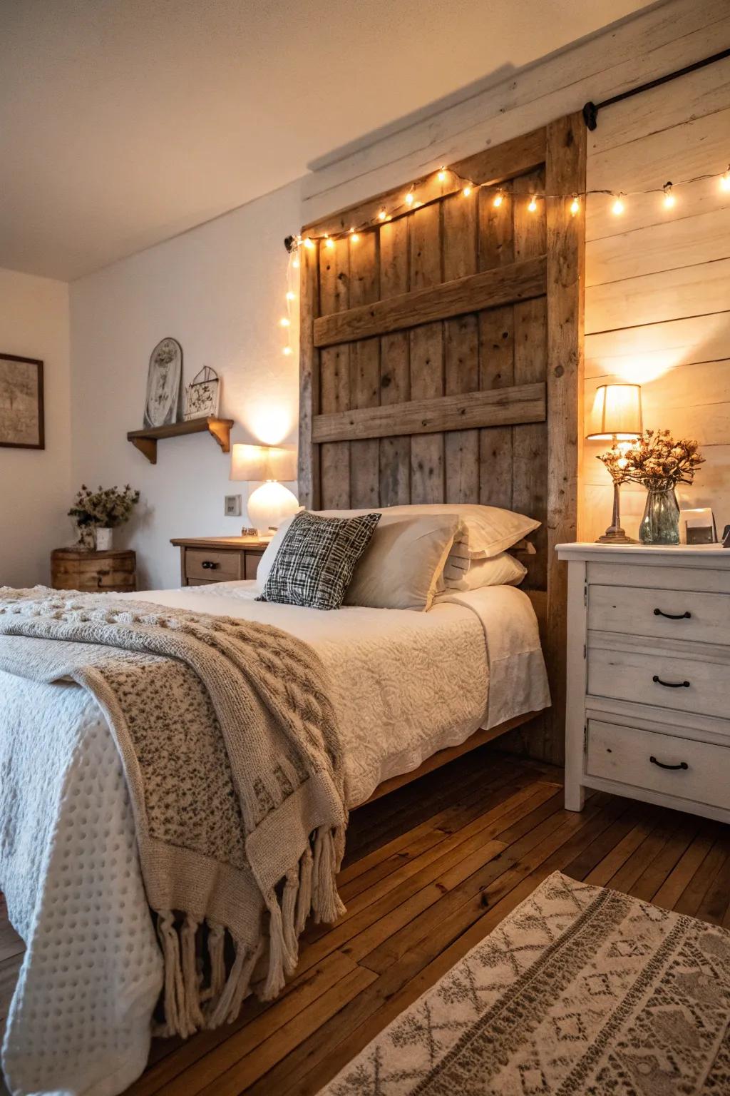 A reclaimed wood headboard adds character and warmth to a modern rustic bedroom.