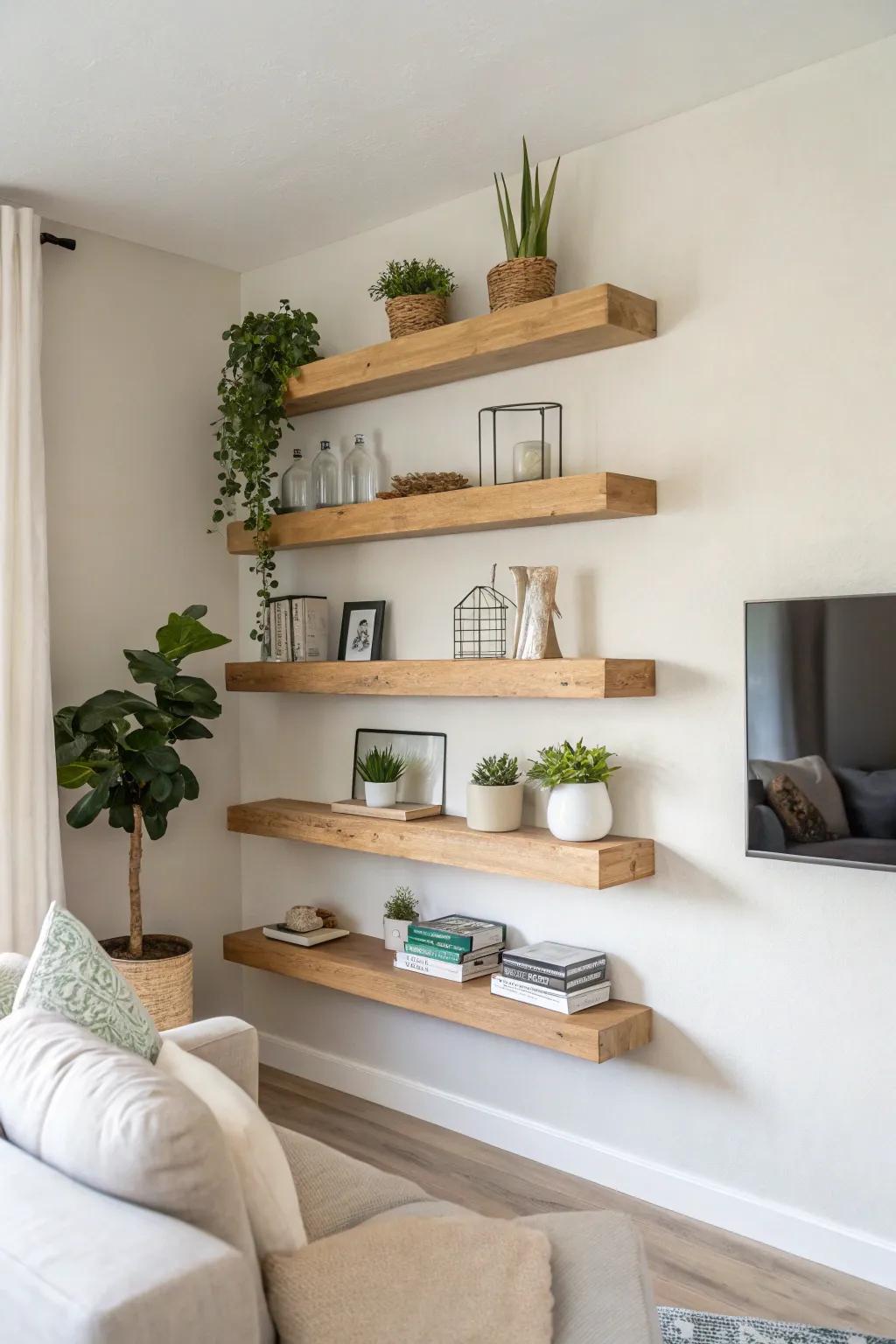 Floating shelves create an airy and minimalist aesthetic.