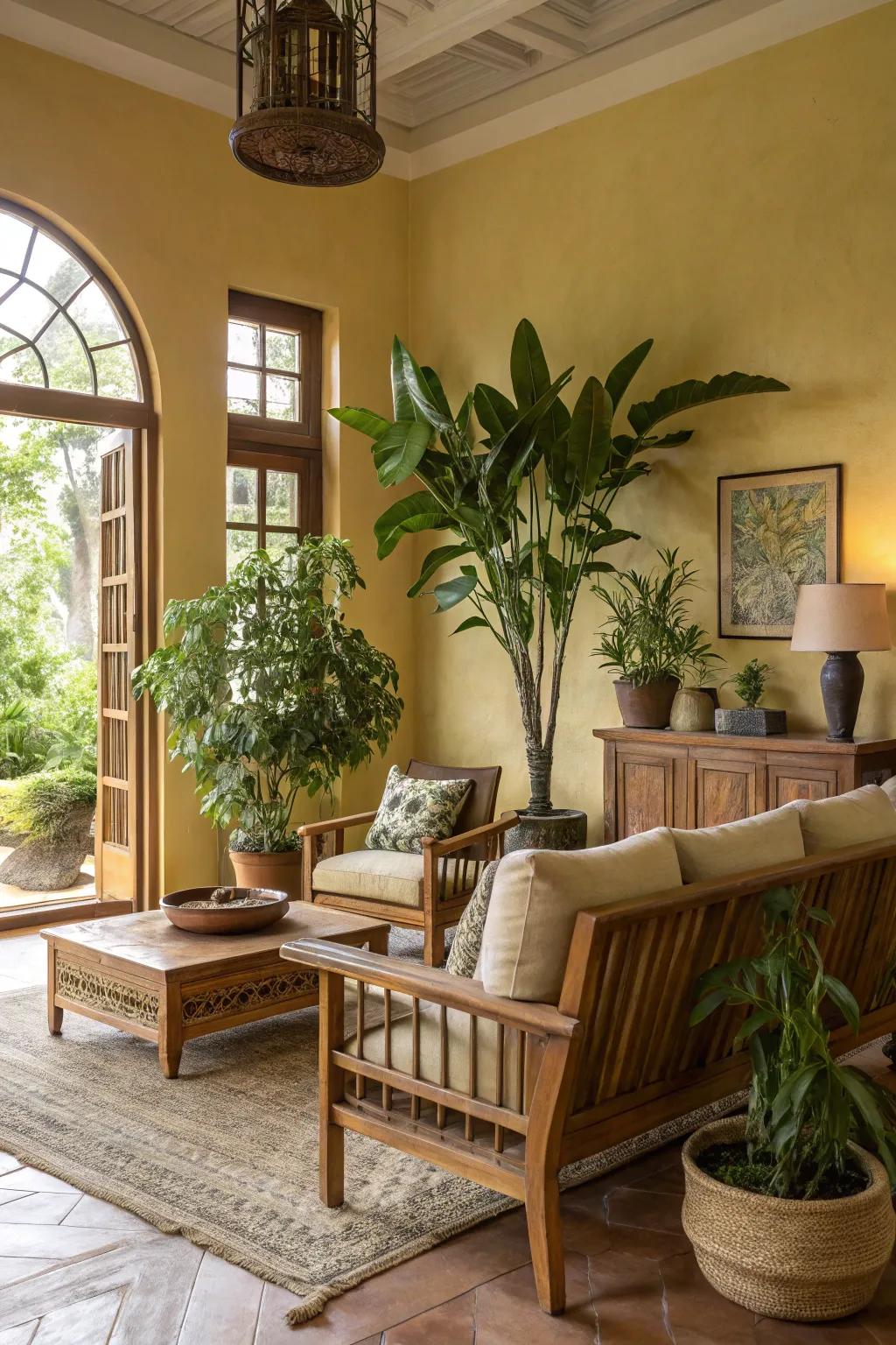 Earthy elements combined with mid-yellow walls create a warm and inviting living room.