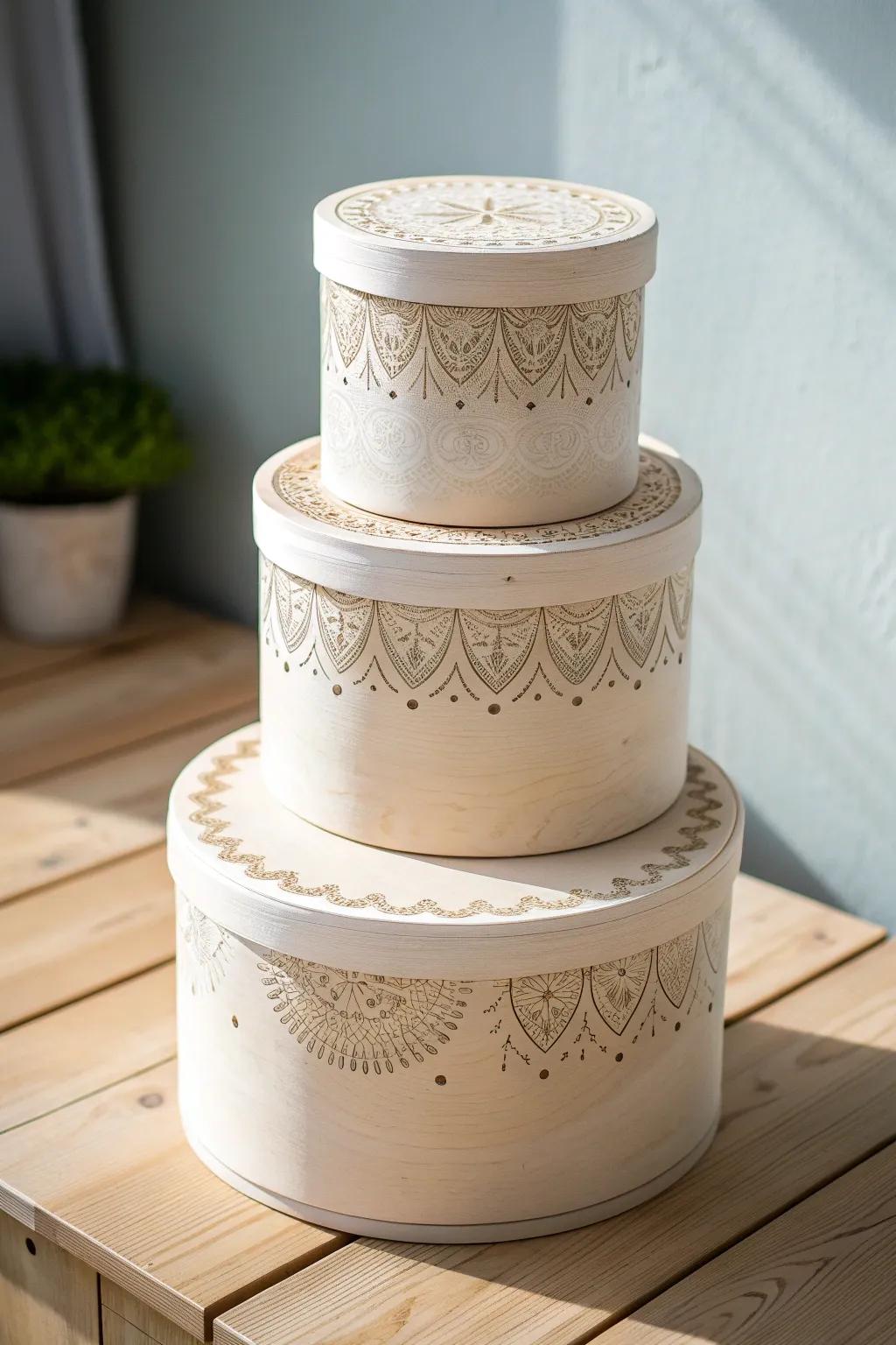 Discover hidden treasures with this stunning tiered cake box design, blending Scandinavian simplicity with boho charm.