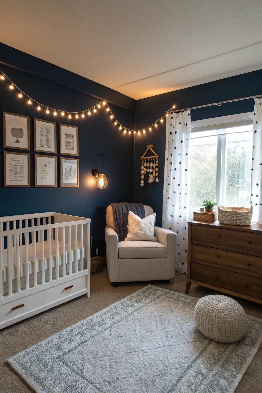 Deep navy walls set a calm and sophisticated tone in the nursery.