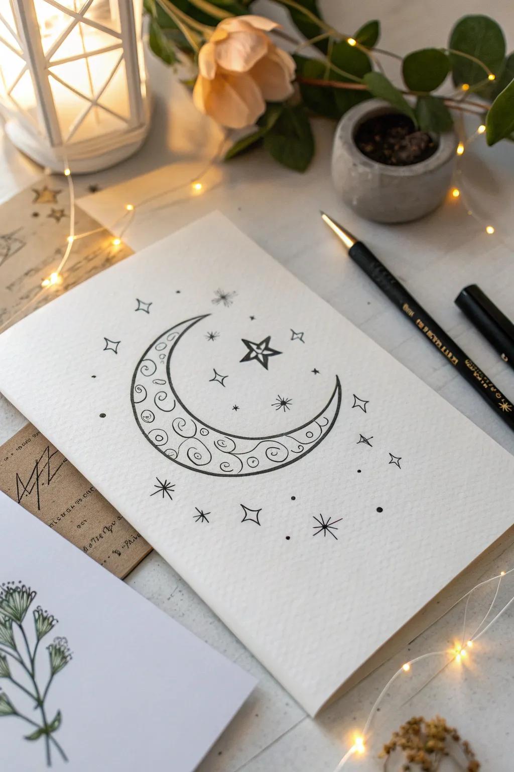 Capture the night sky's magic with this simple yet enchanting crescent moon and stars sketch.