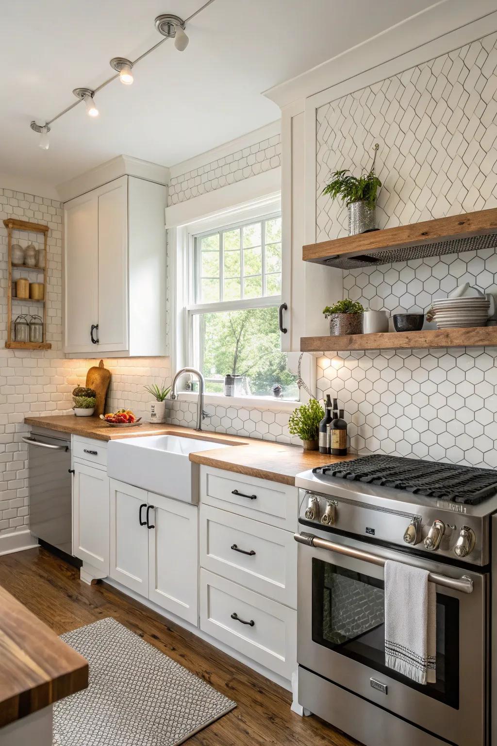 Classic white mosaic tiles create a timeless and elegant kitchen look.