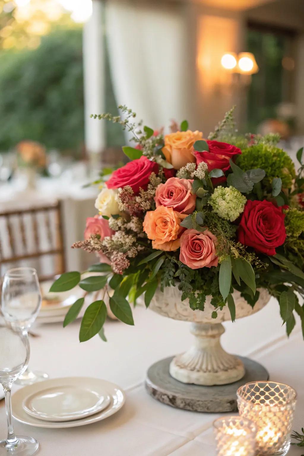 A classic floral centerpiece featuring roses and greenery, perfect for Mother's Day.