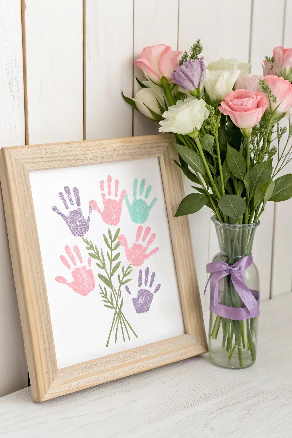 Capture the beauty of handmade memories with this charming handprint bouquet, perfect for celebrating Mother's Day.