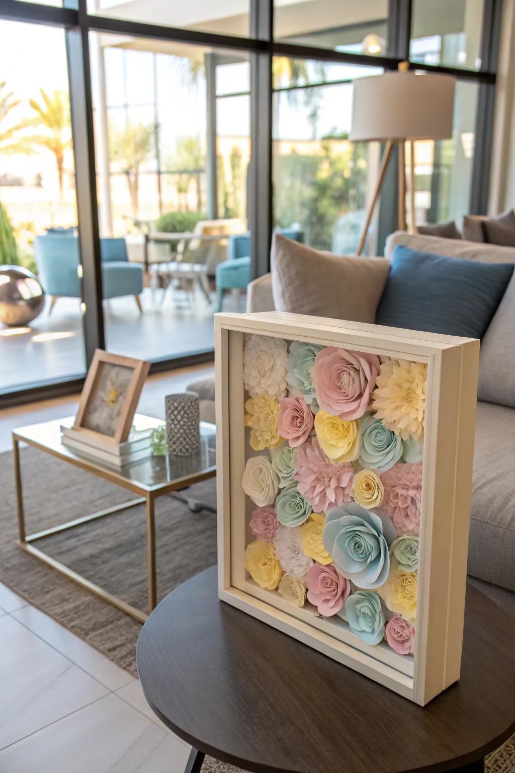 A whimsical paper flower garden inside a shadow box.