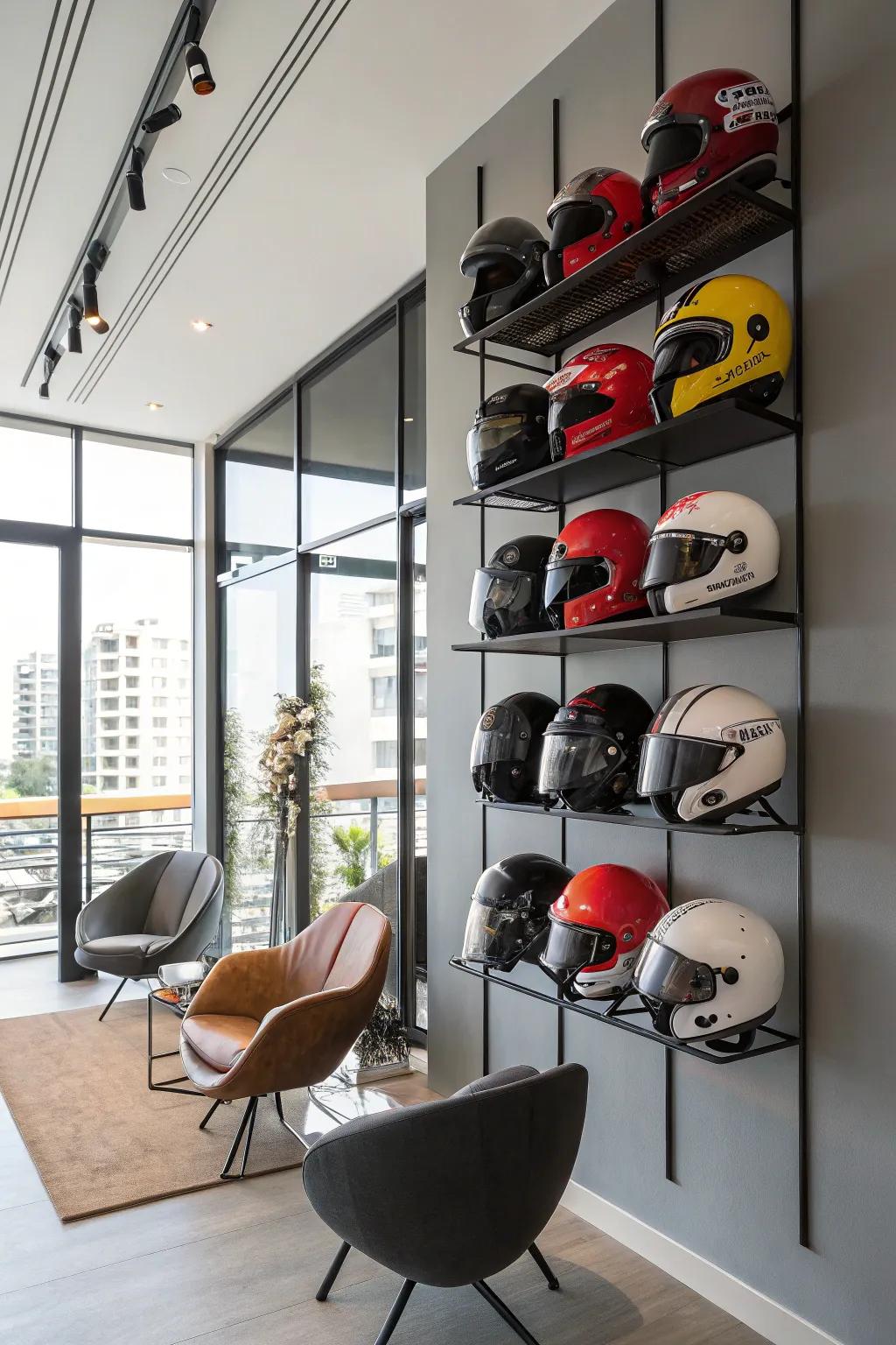 Wall-mounted racks keep your helmets safe and stylishly displayed.