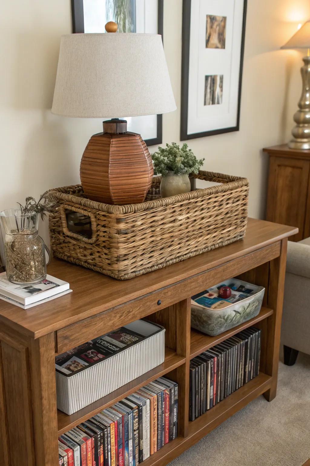 A decorative wicker basket on a console table, perfect for storing DVDs.