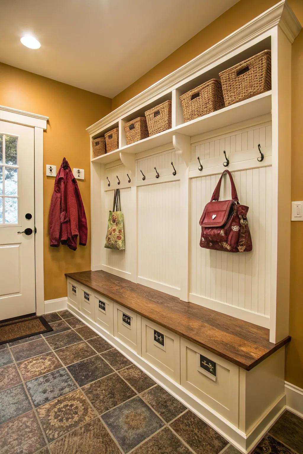 A built-in bench with cubbies offers both storage and style.