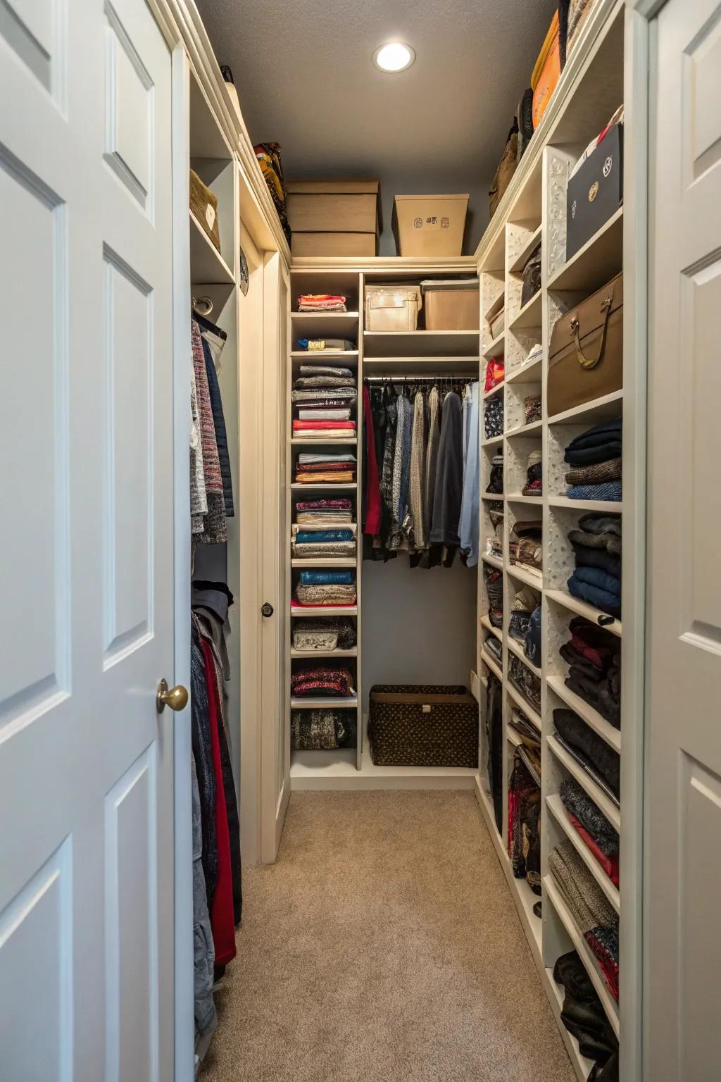 Tall shelves maximize vertical storage in a narrow closet.