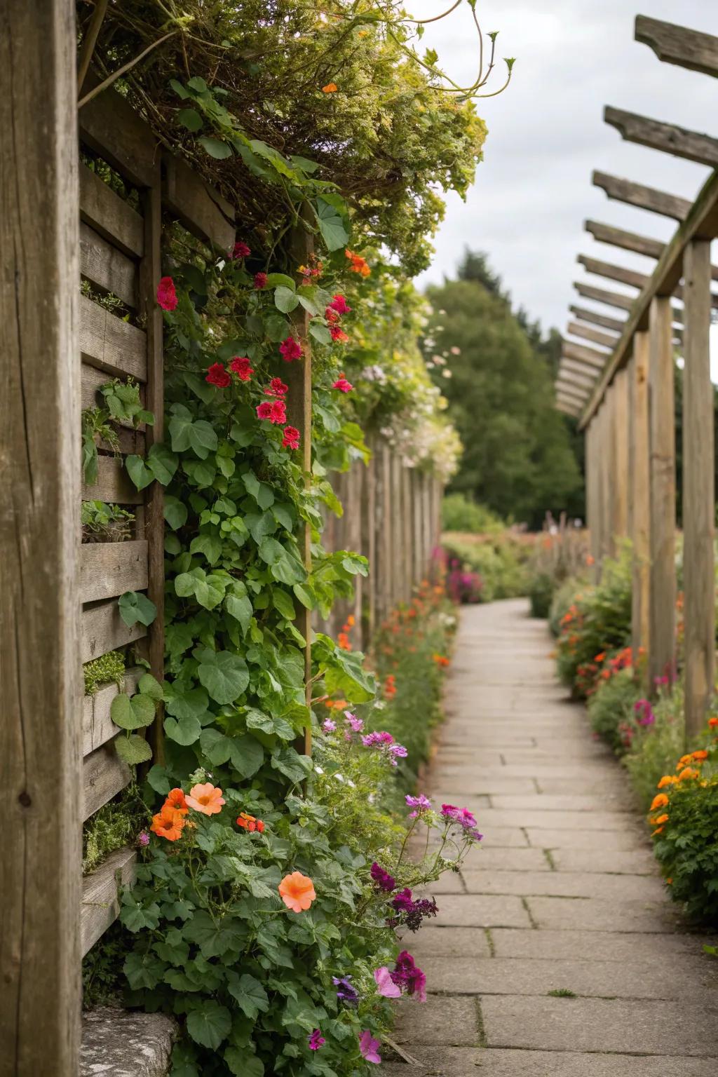 Climbing plants transform a narrow flower bed into a vertical garden.