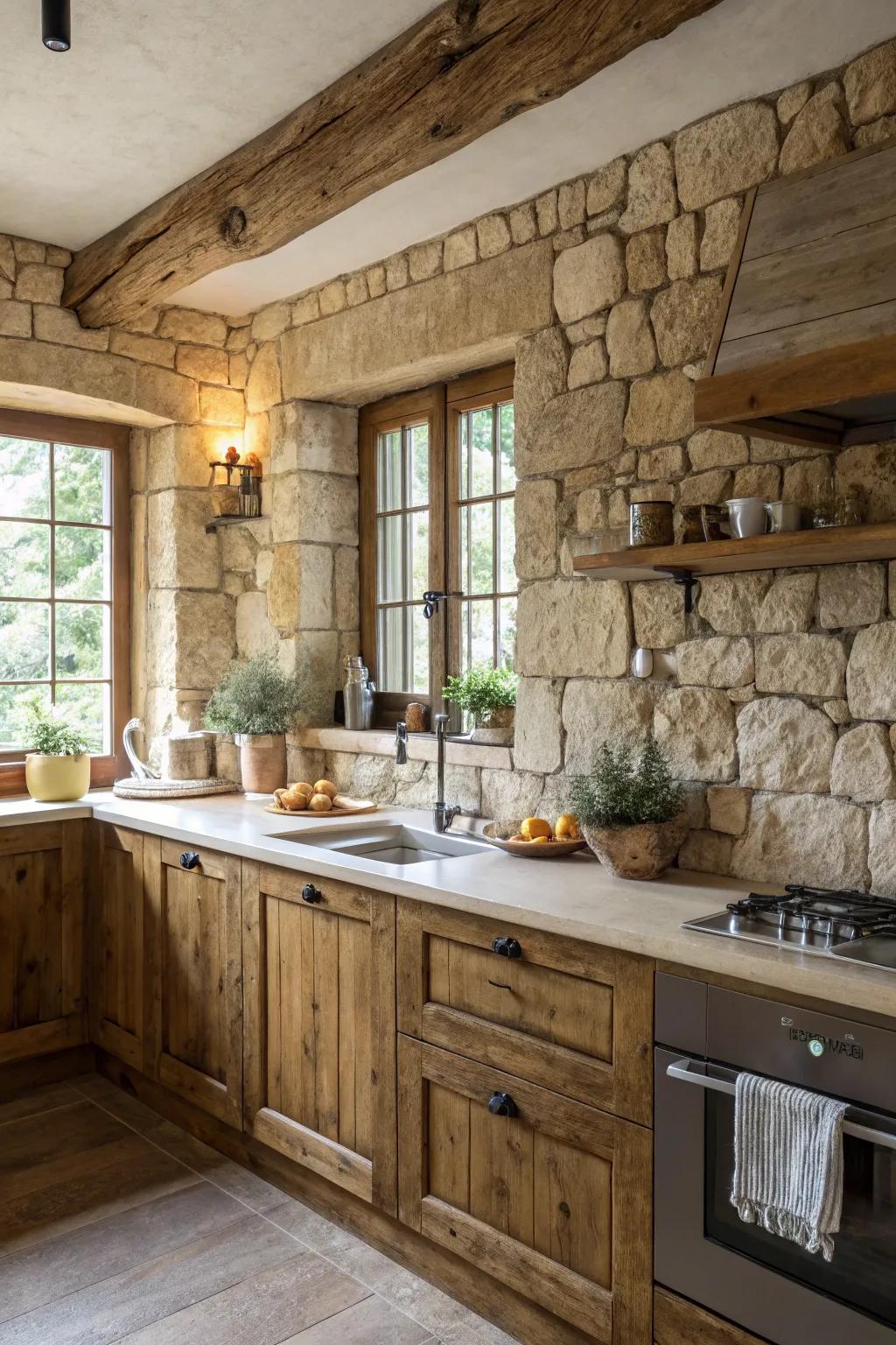 Rustic kitchen featuring a warm travertine stone backsplash.