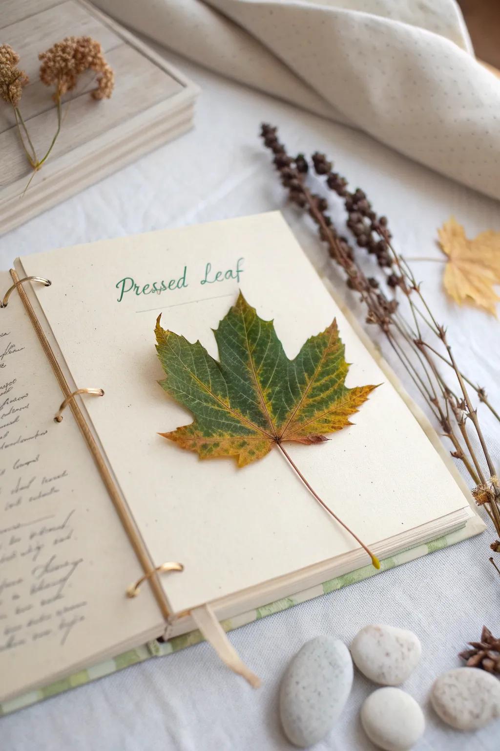 Capture nature's elegance with pressed leaf pages - a minimalist's dream.