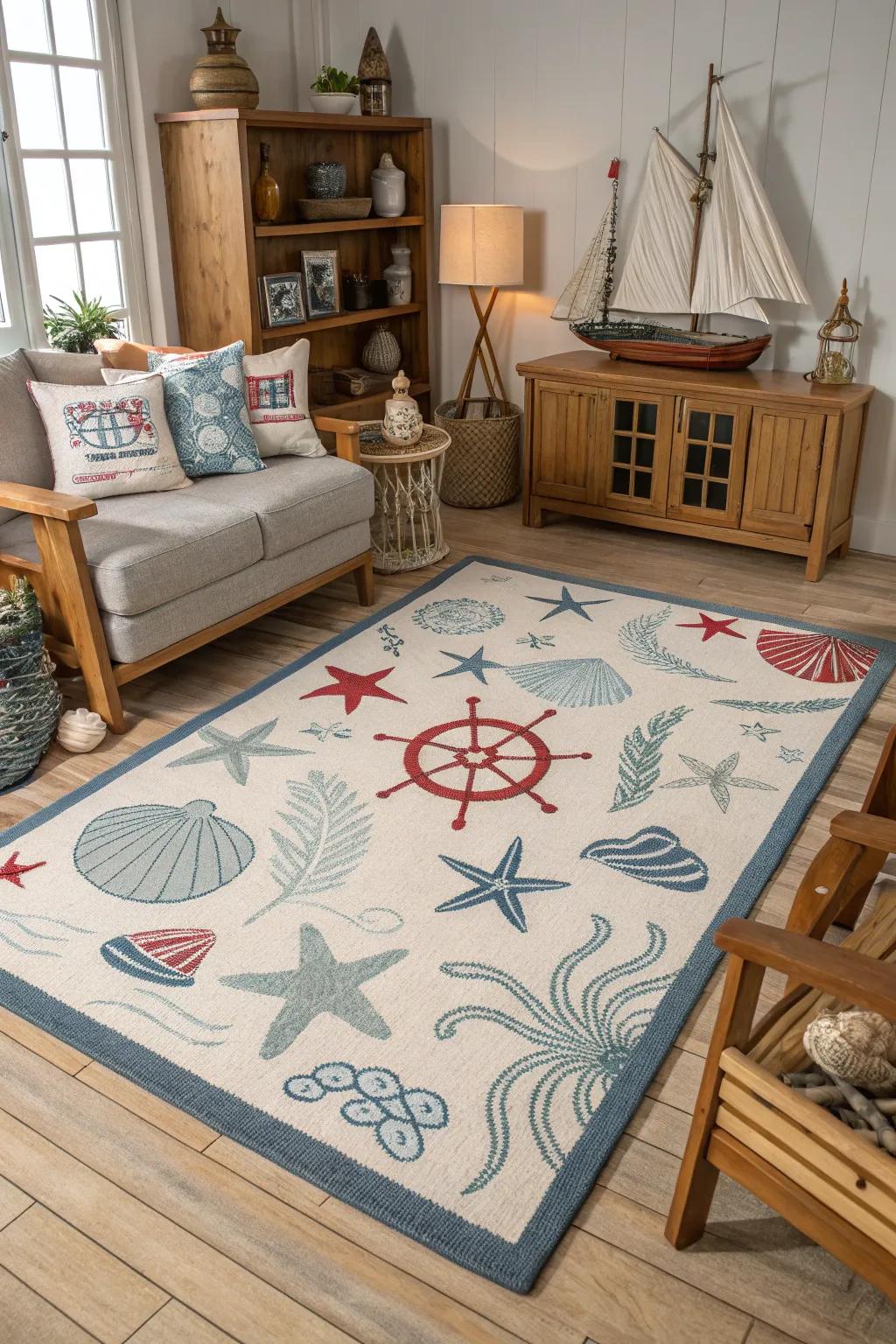 A nautical-themed rug sets the tone for a coastal-inspired living room.