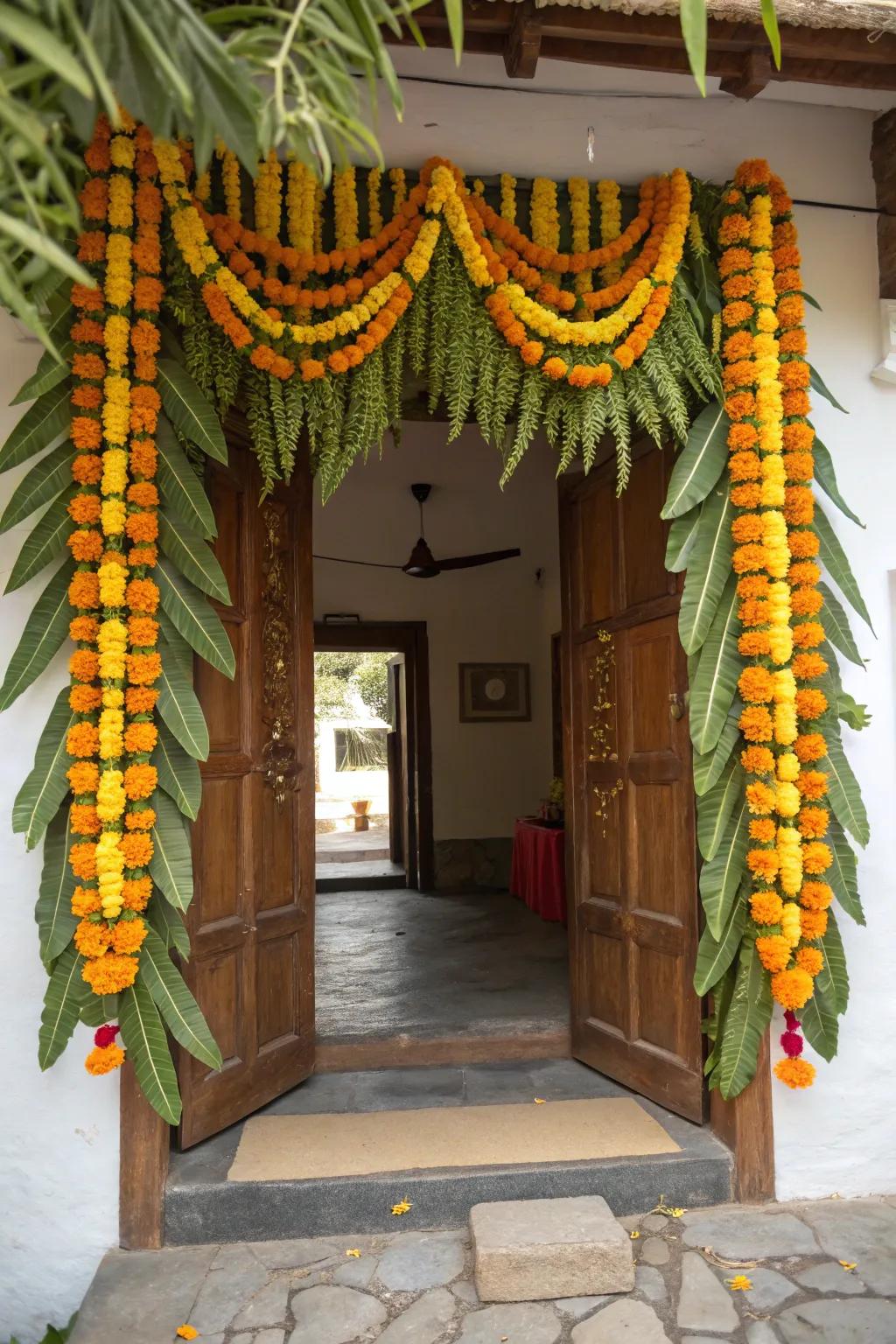 An entrance adorned with a traditional floral toran of marigolds and mango leaves.