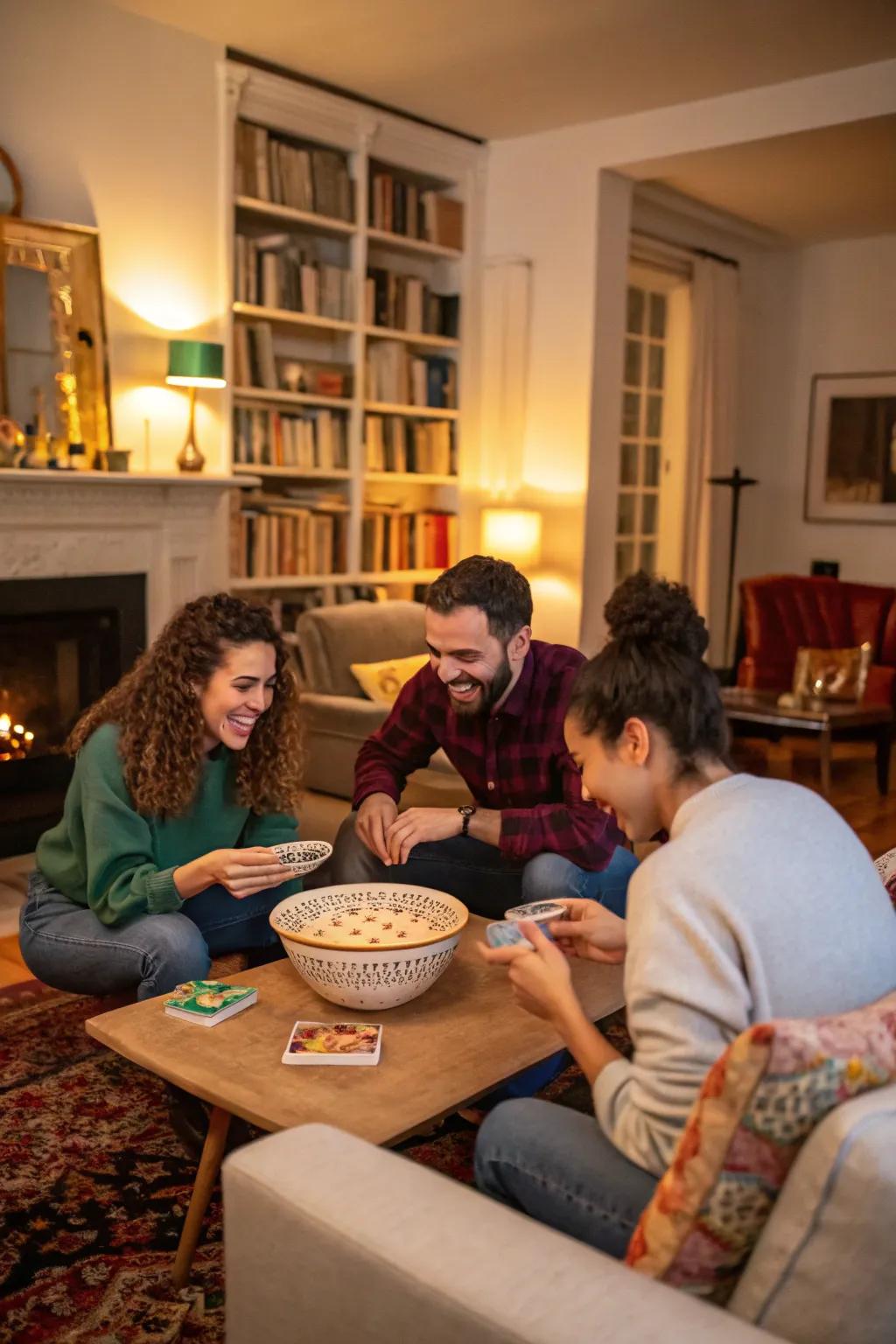 Friends gathered around sharing stories from the past year with a fun question game.